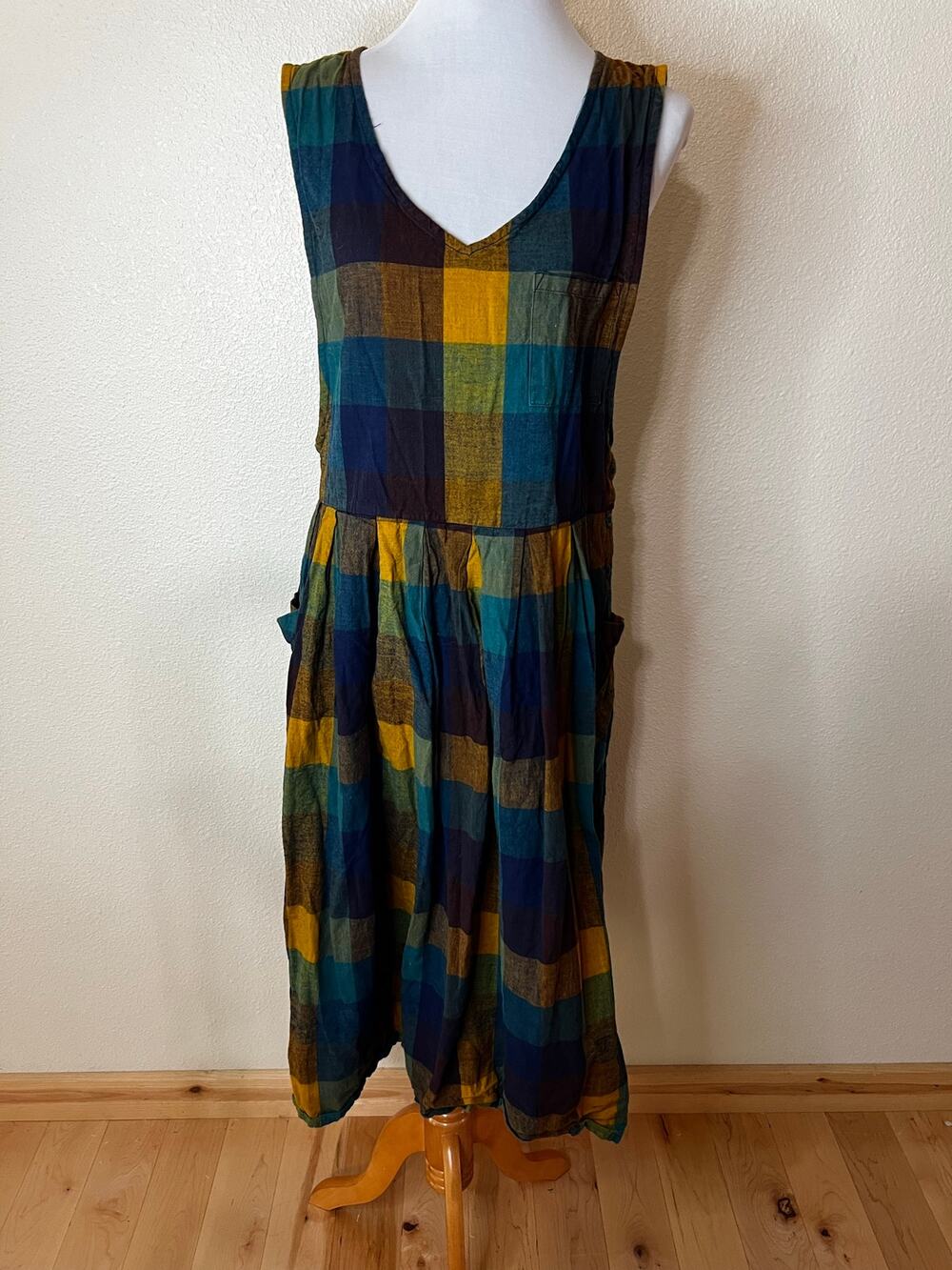 KZK vintage 90s cotton plaid apron midi dress LARGE Lagenlook layered VTG